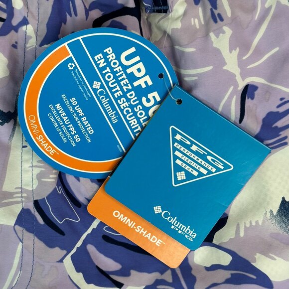 NEW COLUMBIA Water Shorts Super Backcast Men's M Purple Floral Omnishade Swim - Picture 5 of 11